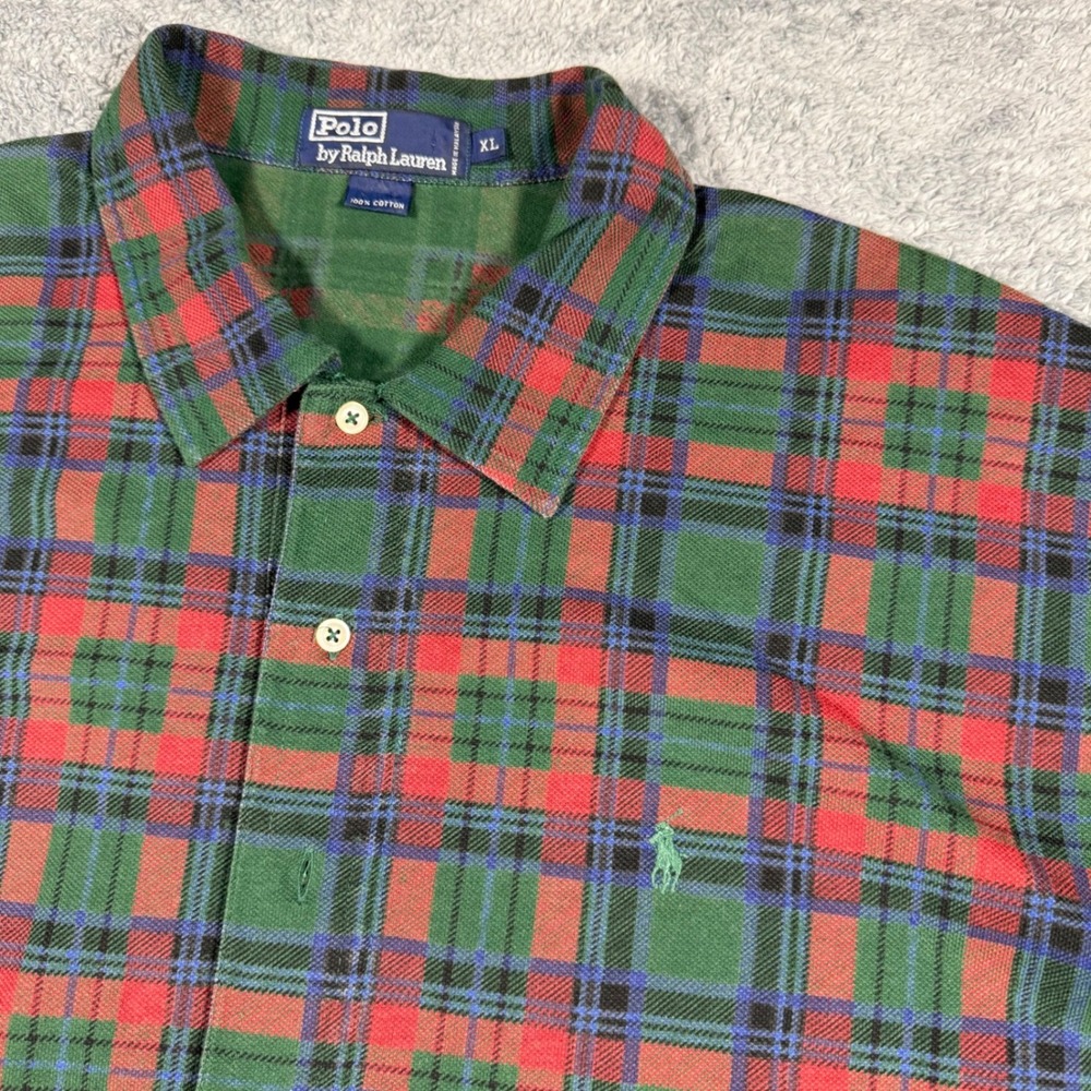 Vintage 90s Polo Ralph‎ Lauren Plaid 1/2 Button Polo Shirt Red Green Size XL
